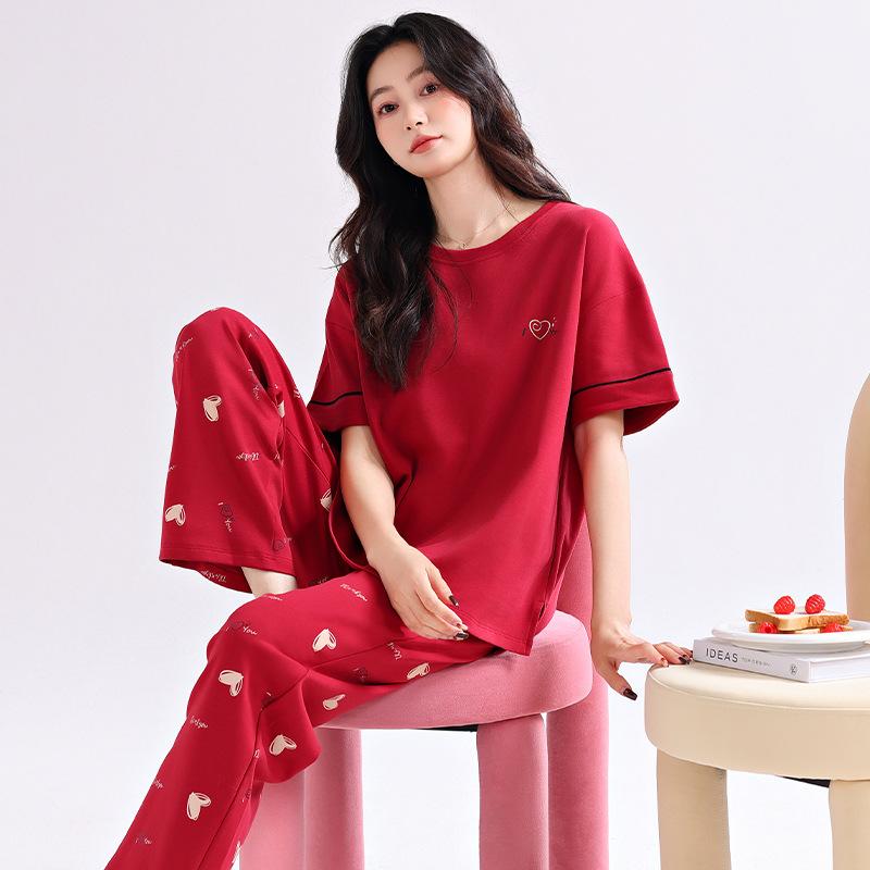 New Women's Pajamas Summer Pure Cotton Short-sleeved Trousers Thin Large-size Natal Year of the Horse Red Loungewear Set