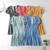 YPFF Women's Floral V-Neck Mini Dress, Short Sleeve, High Waist, European & American Style, Trendy Summer Skirt