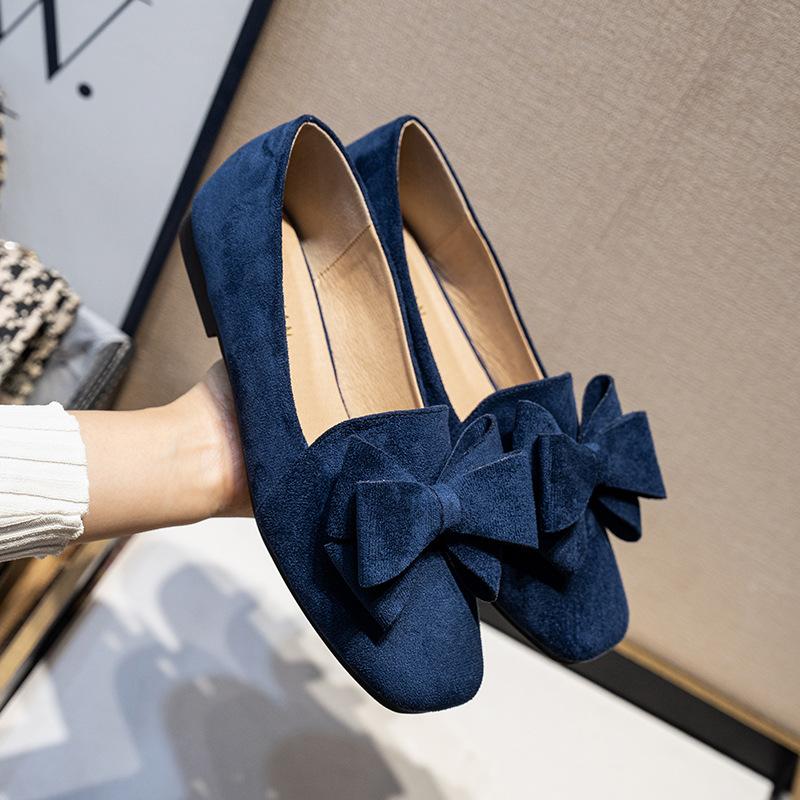 Fashion 2025 Spring Bowknot Flats Women Square Toe Ballerinas OL Ladies Office Dress Ballets Shoes Soft Velour Moccasines Femmes Loafers