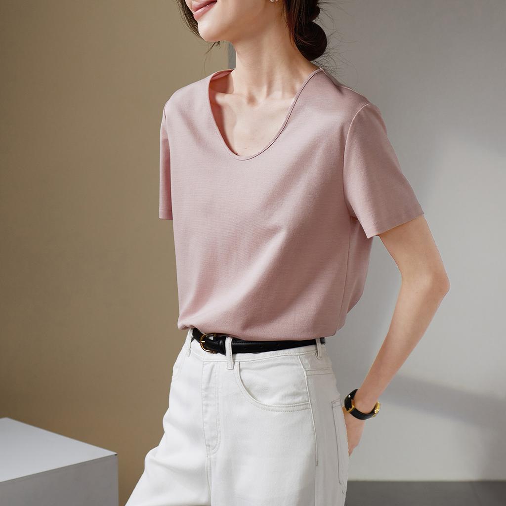 Fashionable V-neck short sleeved t-shirt for women in 2026 summer, loose and casual, versatile solid color top