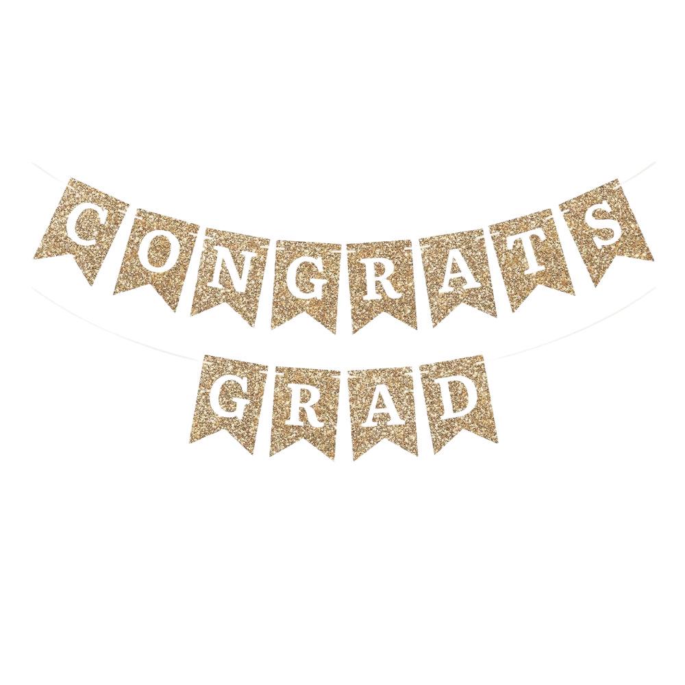 Congrats Grad Glitter Letters Swallowtail Banner – Graduation Party Decoration