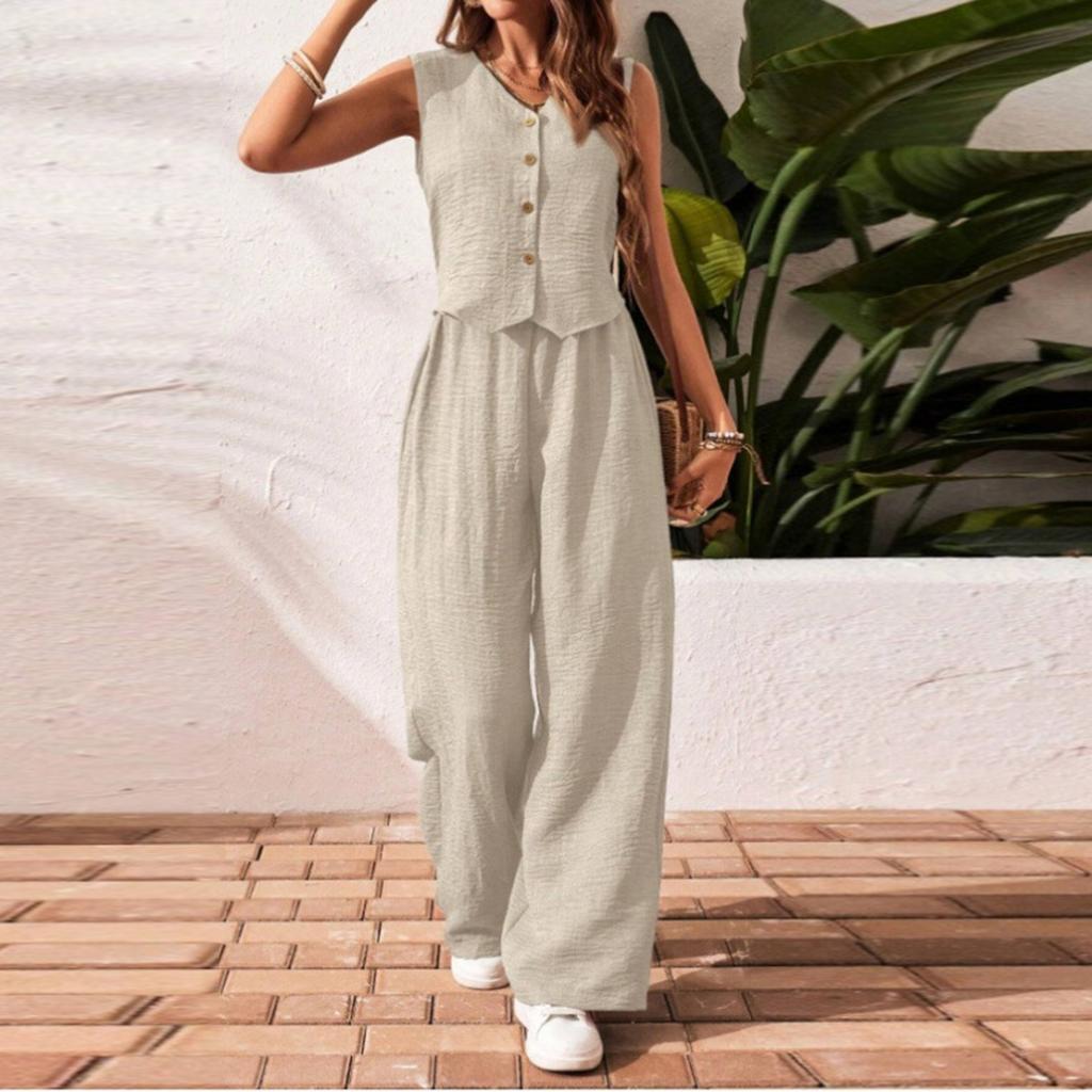 Women's Casual V-Neck Vest Linen-Cotton Blend Set