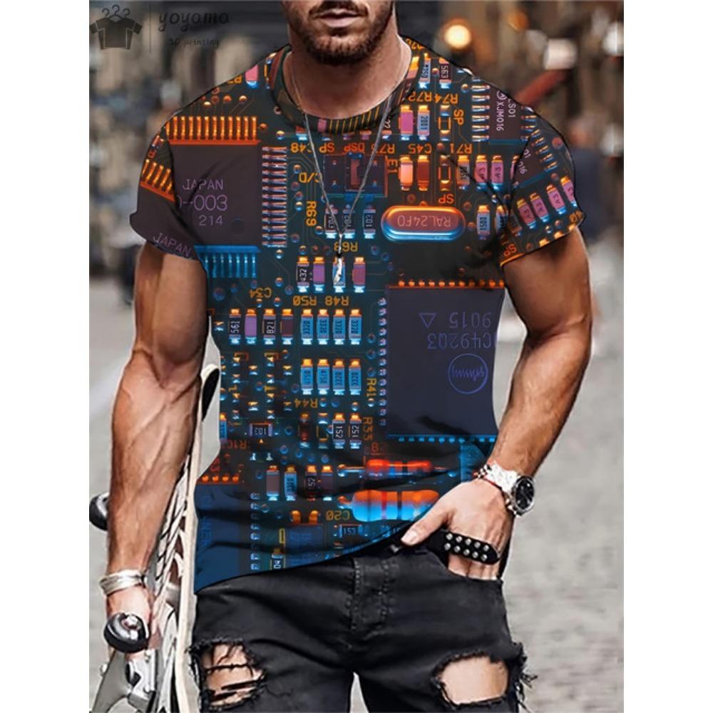 Summer Men Circuit Board Electronic Chip Creative Graphics Fashion Short Sleeve Oversized T-shirt
