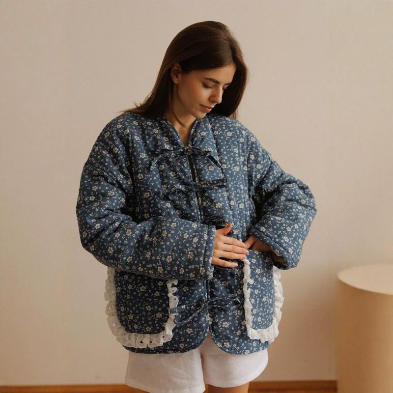 Womens 2026 Winter Floral Print Loose Cotton Padded Jacket Sweet Style Mid-Length Coat