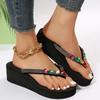Fashion Fashion Rhinestone Platform Flip Flops for Women 2025 Summer Clip Toe Wedge Sandals Woman Thick Bottom Non Slip Beach Slippers