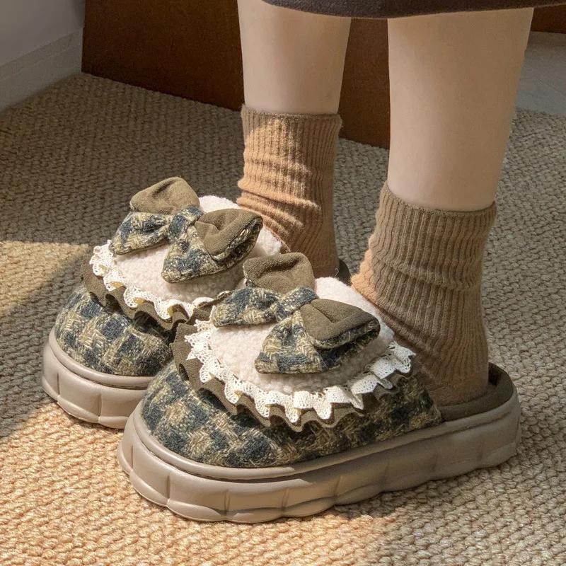 Fashion Fluffy Slippers Women Home Retro Bowknot Designer Winter Shoes Girls Cute House Cotton Casual Plush Platform Footwear Elegant