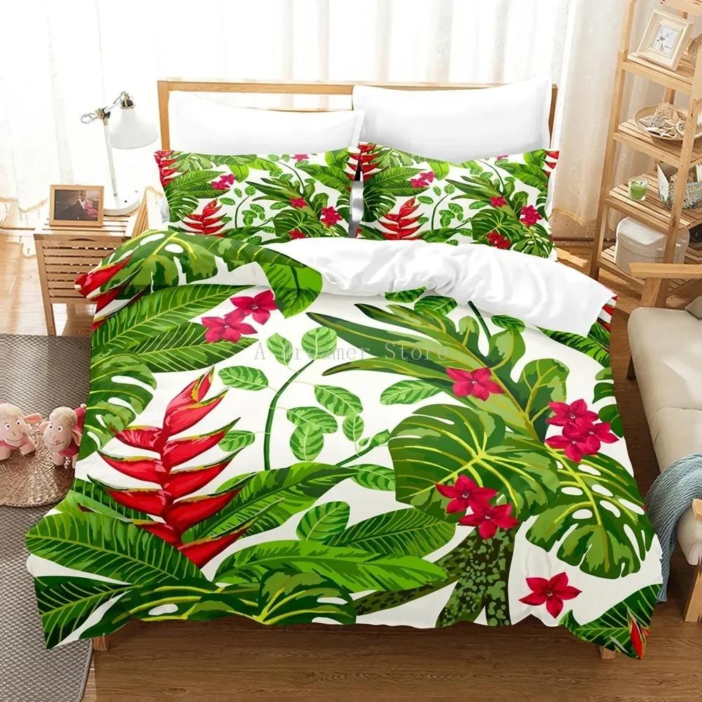 New 3D Green Palm Leave Fashion Comfortable Duvet Quilt Cover Pillowcase Bedding Set Children Bedroom Decoration Home Textile