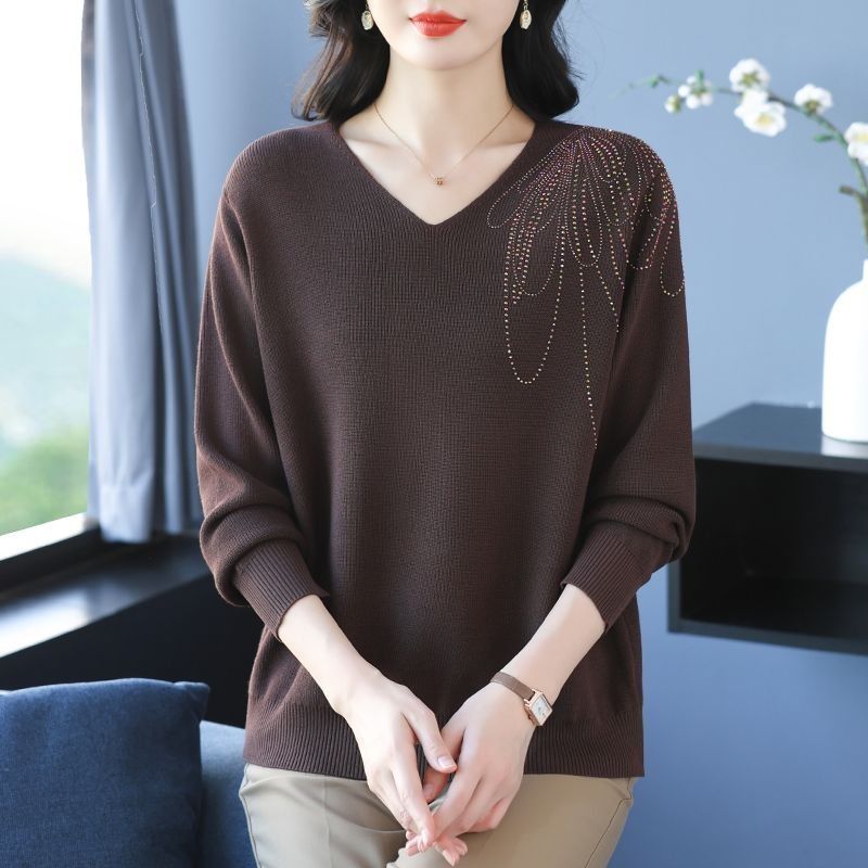 Spring Autumn Women's V-Neck Knitted Sweater Loose Solid Pullover Knitwear Thin Rhinestone Knit Top