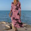 Dresses For Womens Vintage Print Tunic Waisted Midi Dress Summer Casual 3/4 Sleeve Dress