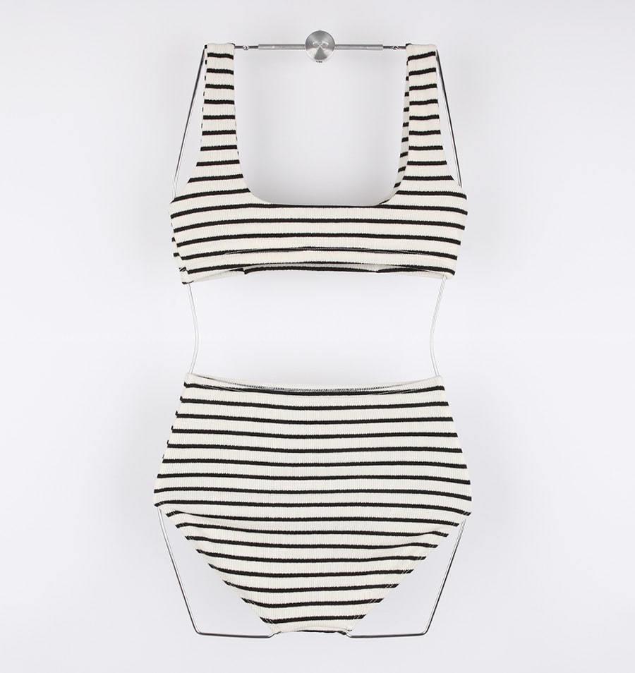2023 Black & White Striped High Waist Backless Korean Bikini Two-Piece Swimsuit for Women