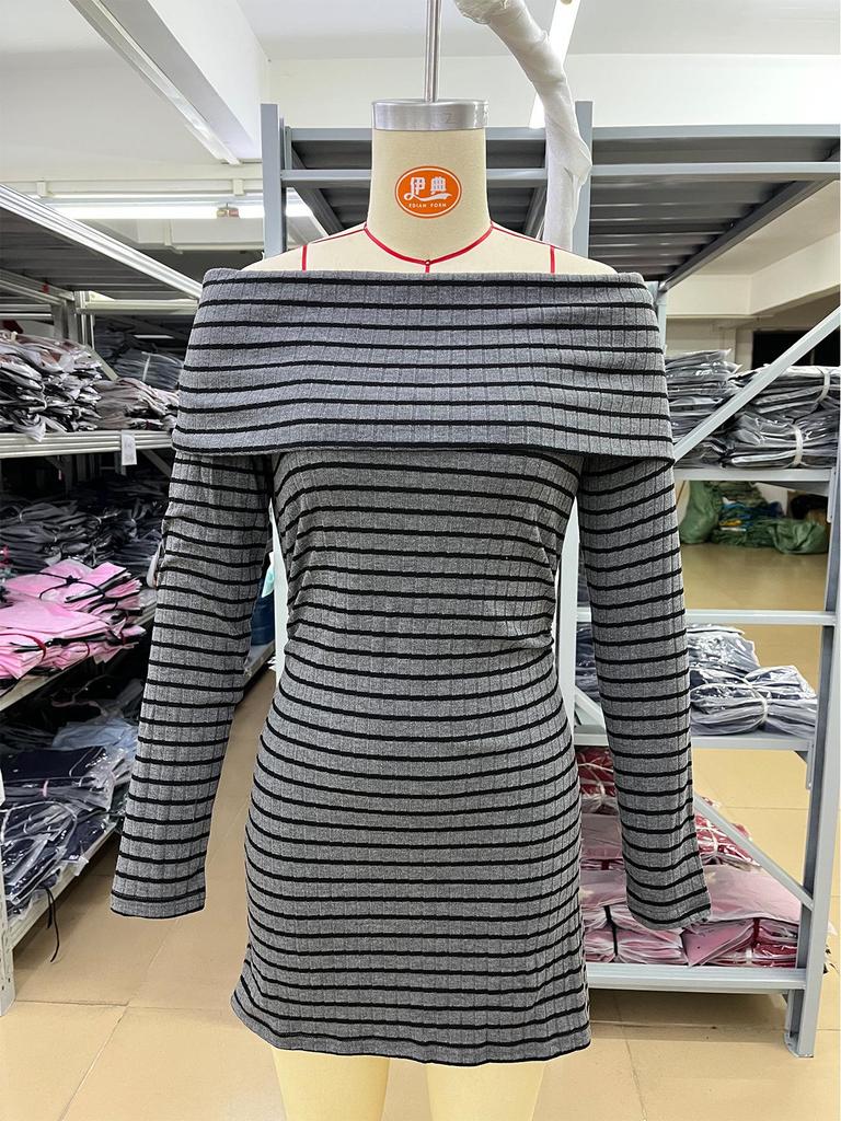 European and American Striped Slim-Fit Dress, Waist-Cinching Short Bodycon with Long Sleeves