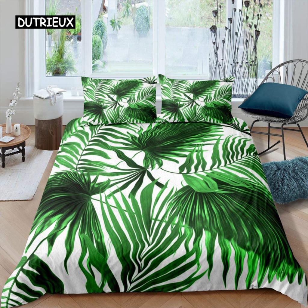 Palm Leaves Duvet Cover King Full Banana Leaves Bedding Set Hawaiian Tropical Leaves Green Branches 2/3pcs Polyester Quilt Cover