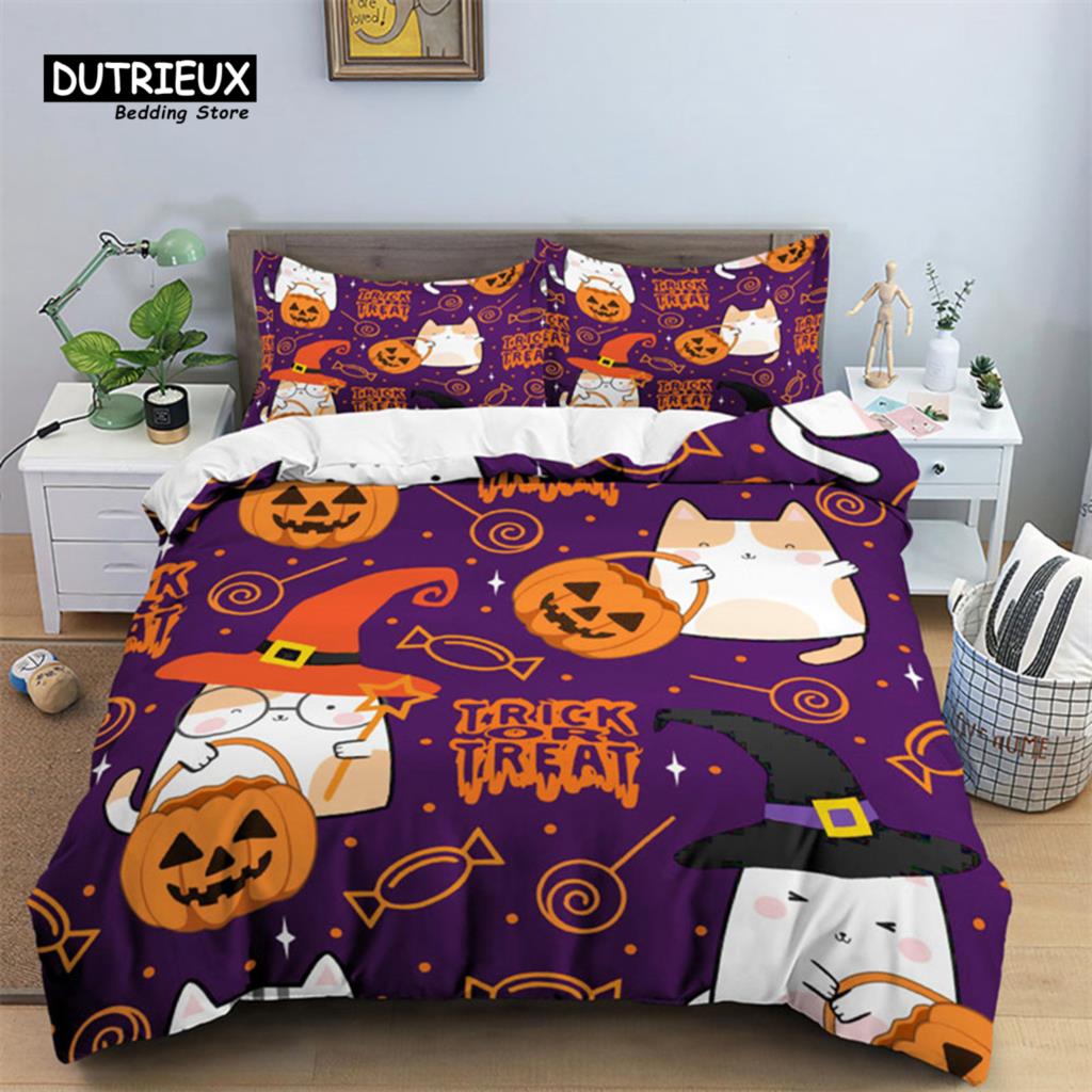Skull Bedding Set Halloween Bats Duvet Cover King Size Microfiber Pumpkin Skeleton Print Comforter Cover With Pillowcases Decor