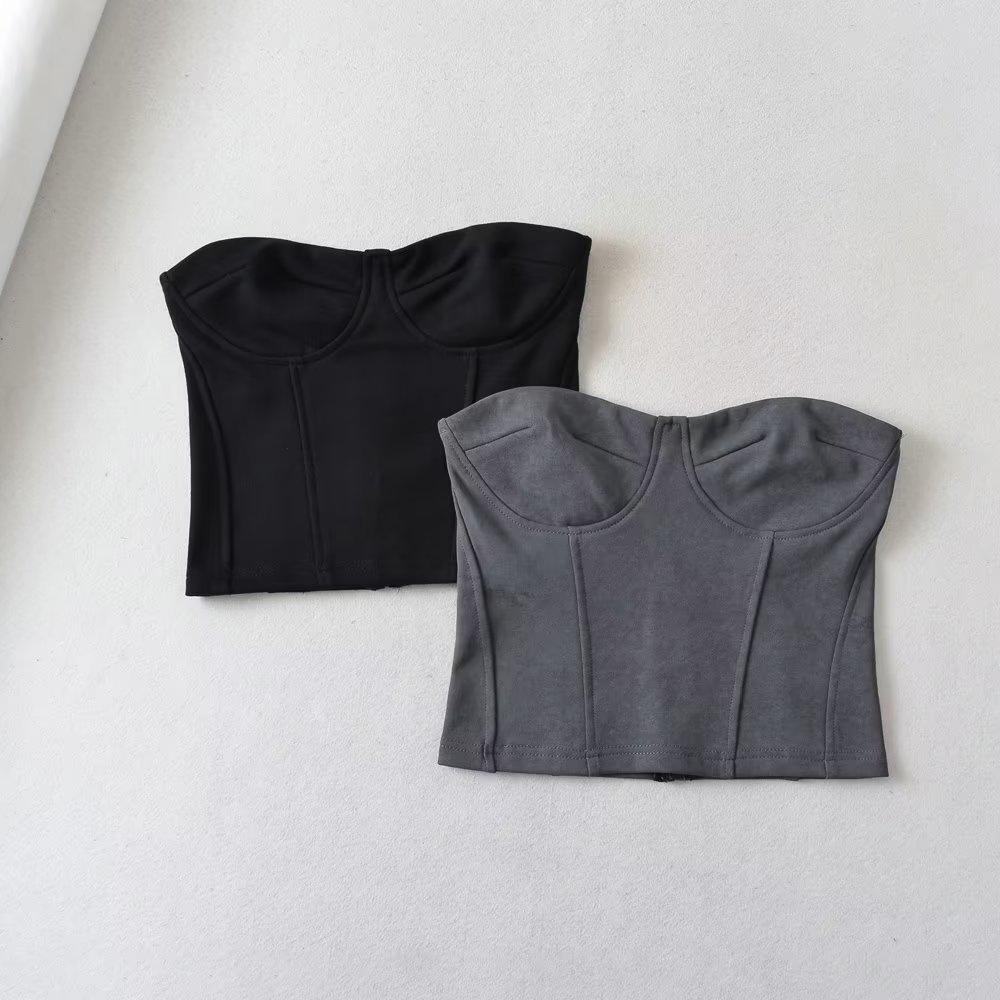 YPFF Trendy Women's Waist-Cinching Crop Top with Slimming Fishbone Waistband and Zipper Bandeau Design