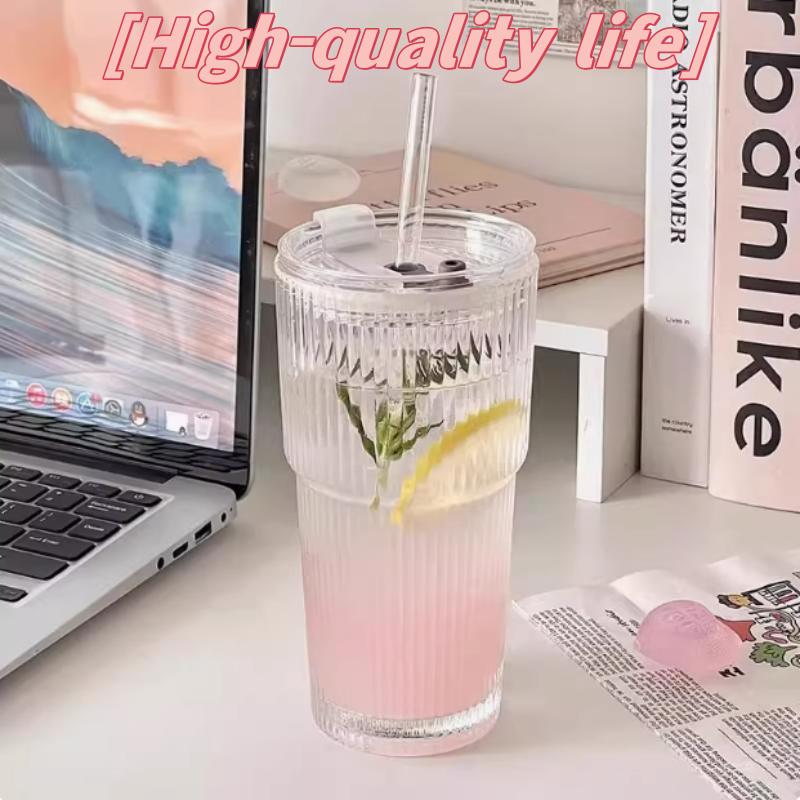 Simple vertical glass cup with lid and straw water cup high-value cold drink cup juice American coffee cup drink cup
