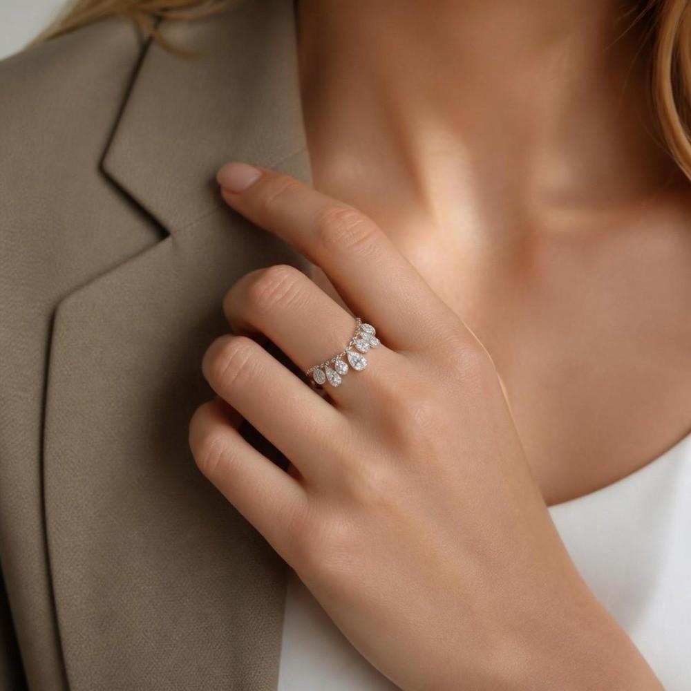 Pull Bead Chain Tassel Ring Water Drop Shape Chain Ring Elegant Charm Ring Women
