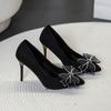 New Luxury Pearl Crystal Bowtie  Wedding Shoes Women Spring Brand Designer High Heels Pumps Woman Thin Heeled Party Shoes