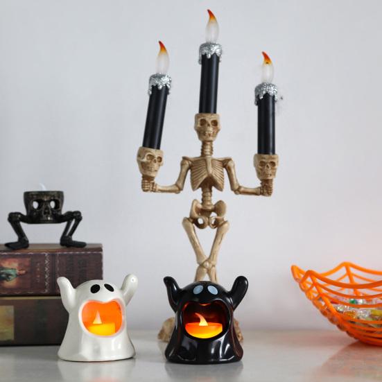 Halloween Ghost Candle Holder with LED Candle, Cute Tea Light Tabletop Decoration Holder, Spooky for Indoor Home Decor, Holiday Party Supplies Shaped