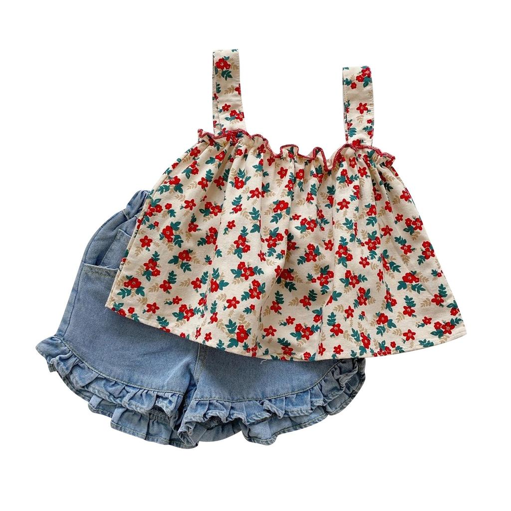 Mädchen Koreanische Version Bequeme Und Stilvolle Hosenträger Floral Niedlichen Shorts Zwei-stück Set