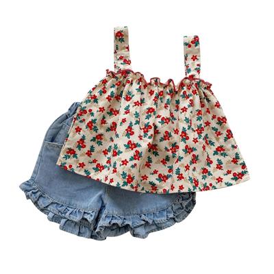 Girls Korean Version Comfortable And Stylish Suspender Floral Cute Shorts Two-piece Set