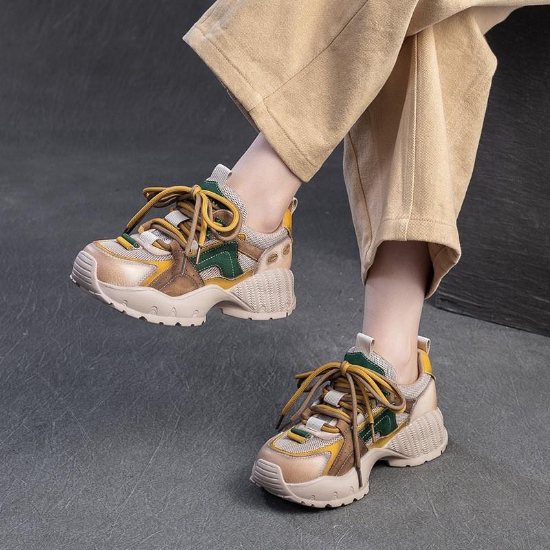 Johnature Casual Genuine Leather Splicing Mesh Mixed Colors Lace Up Fashionable Comfortable Versatile Women's Shoes