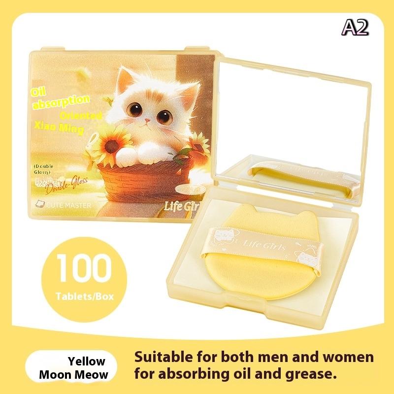 100 Sheets Oil Blotting Papers With Mirror Case Flour Puff Cartoon Durable Face Cleansing Makeup Tool Face Oil Blotting