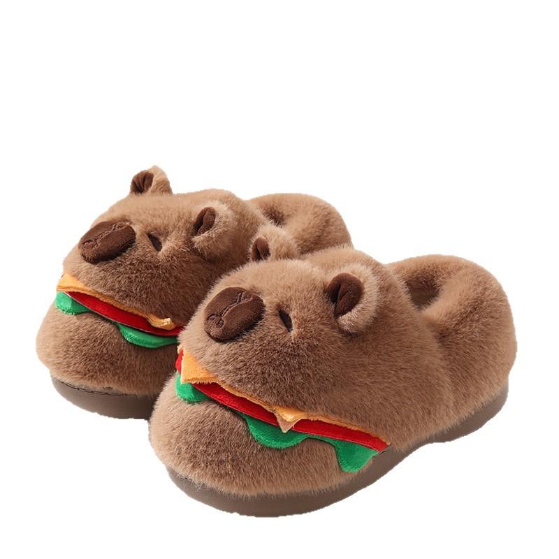 Cartoon hamburger cotton slippers women's autumn and winter plush warm thick-bottomed non-slip bag and plush slippers men