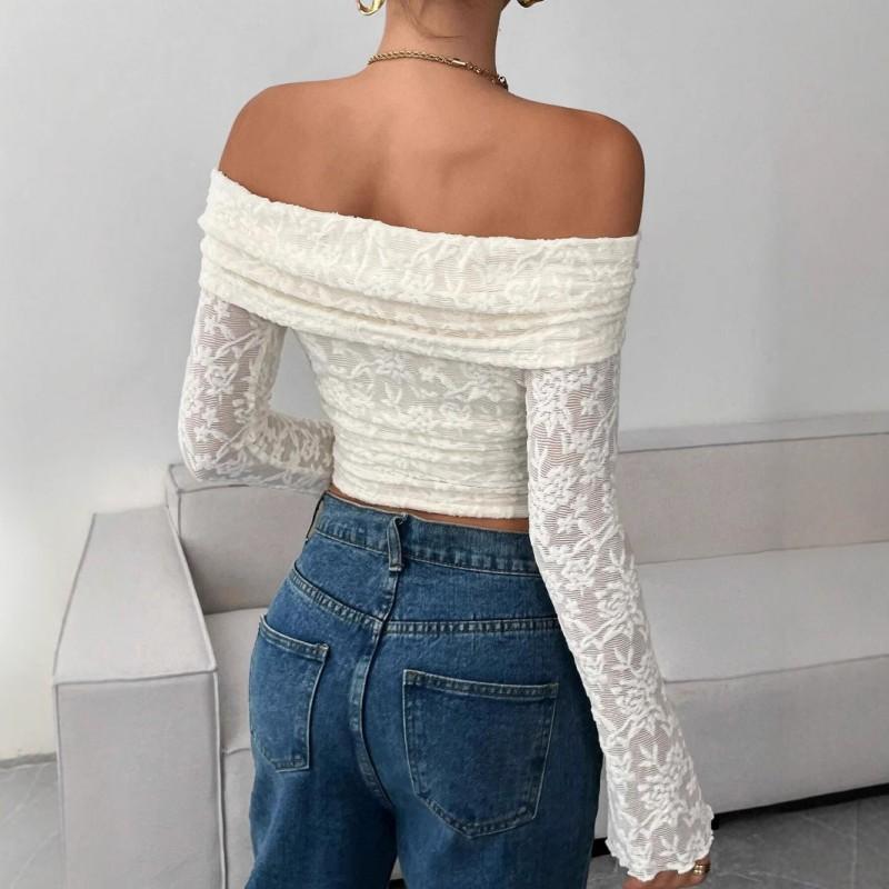 Womens Off-Shoulder Long Sleeve Slim Fit Knit Top - Elegant Chic Office Date Outfit 2025 Fall Collection