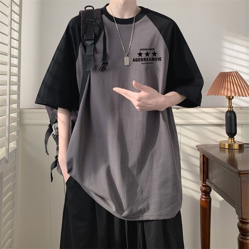 Summer Contrasting Colors T-shirts Casual Printed Letter Men's Clothing American Retro Fashion Patchwork All-match Pullovers New