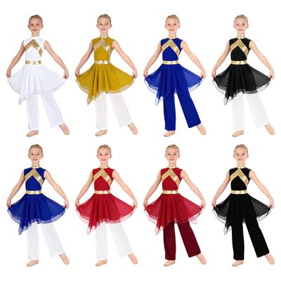 Disfraz de Danza de Alabanza para Niñas: Vestido Metálico Asimétrico Sin Mangas y Pantalones Cómodos de Pierna Ancha con Cintura Elástica