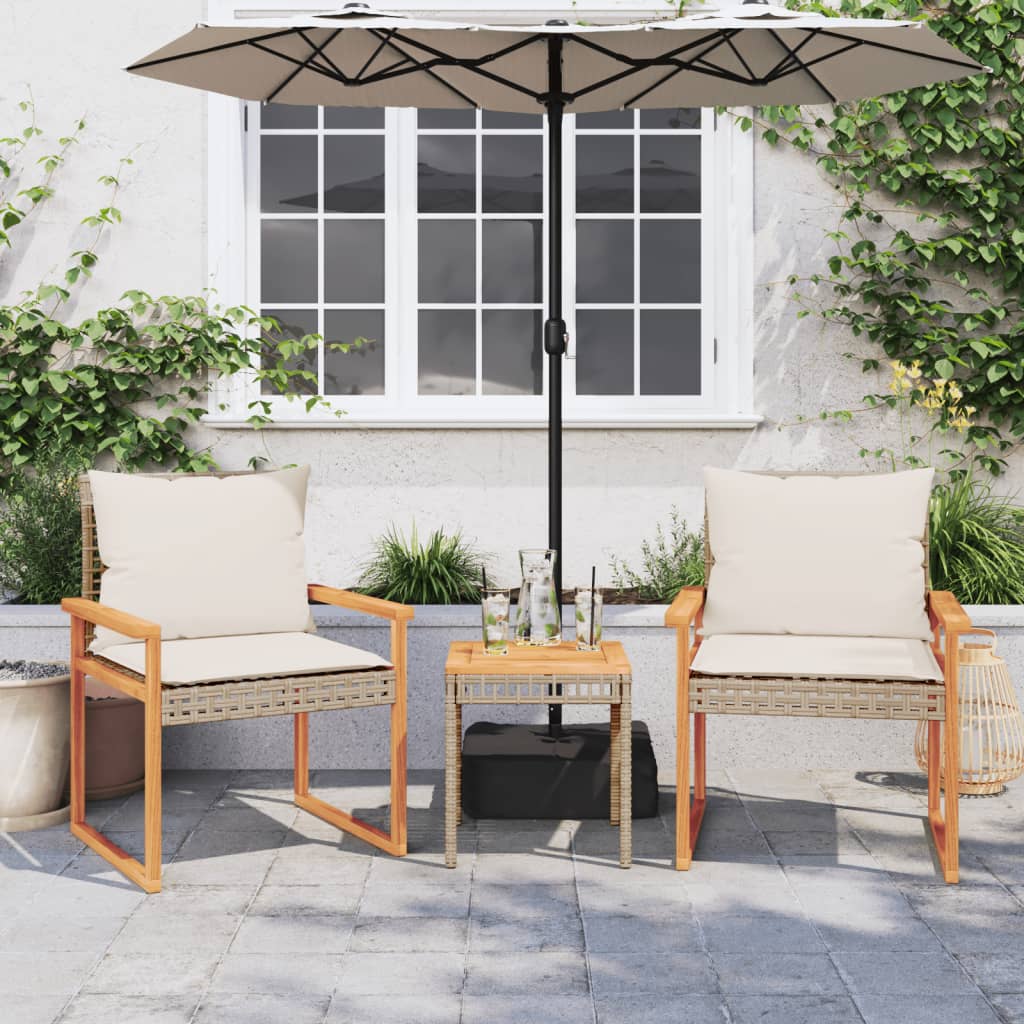 3 Piece Bistro Set with Cushions Beige Poly Rattan & Acacia Wood