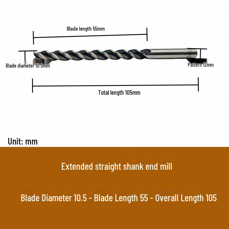 High-Speed Steel Extended Straight Shank Three-Flute End Mill, 2.5-10mm, White Steel