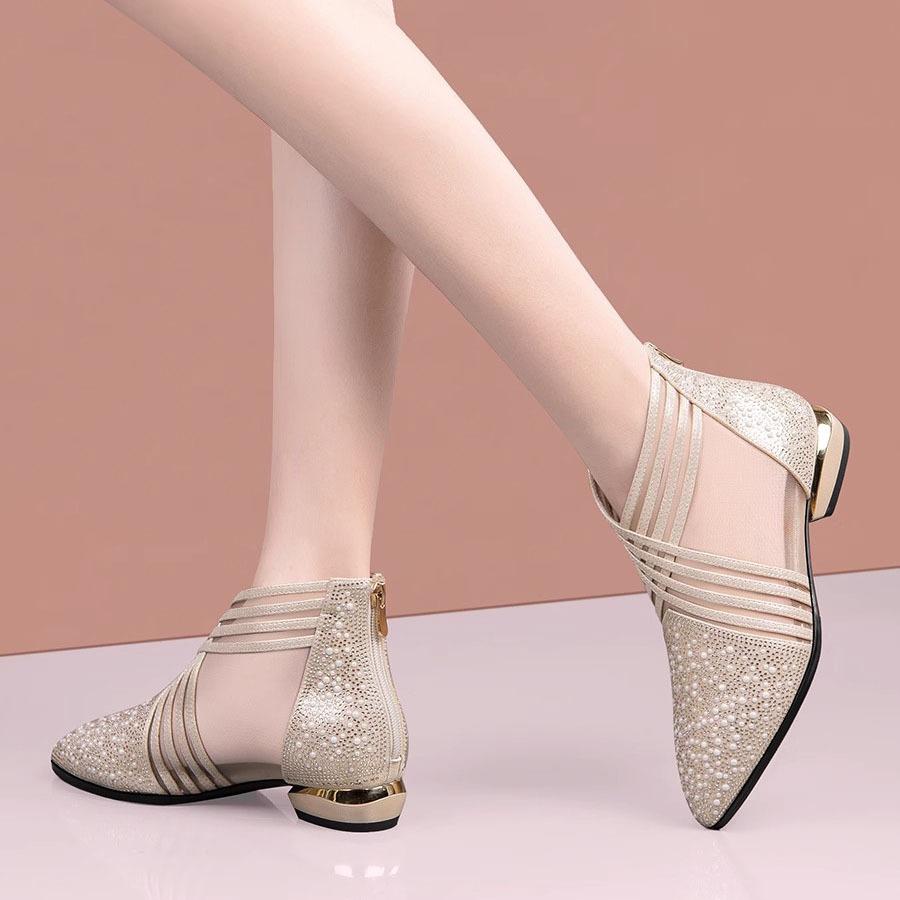 Jaro A Léto Silný Podpatek Taška Hlava Síťované Kozačky Střední Podpatek Dutá Síťovina Kamínky Perla Módní Sandály Dámské Sandály