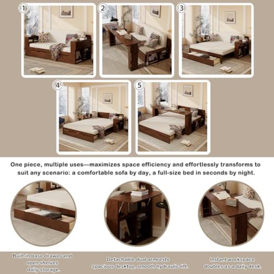 Queen Size Daybed with Removable Desk, Storage Drawers and Hydraulic Side Table, 4-in-1 Multifunctional Sofa Bed for Small Spac