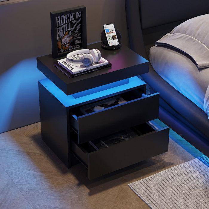 LED Bedside Table - Modern - Black - 2 Drawers - Storage Space - Adjustable Brightness