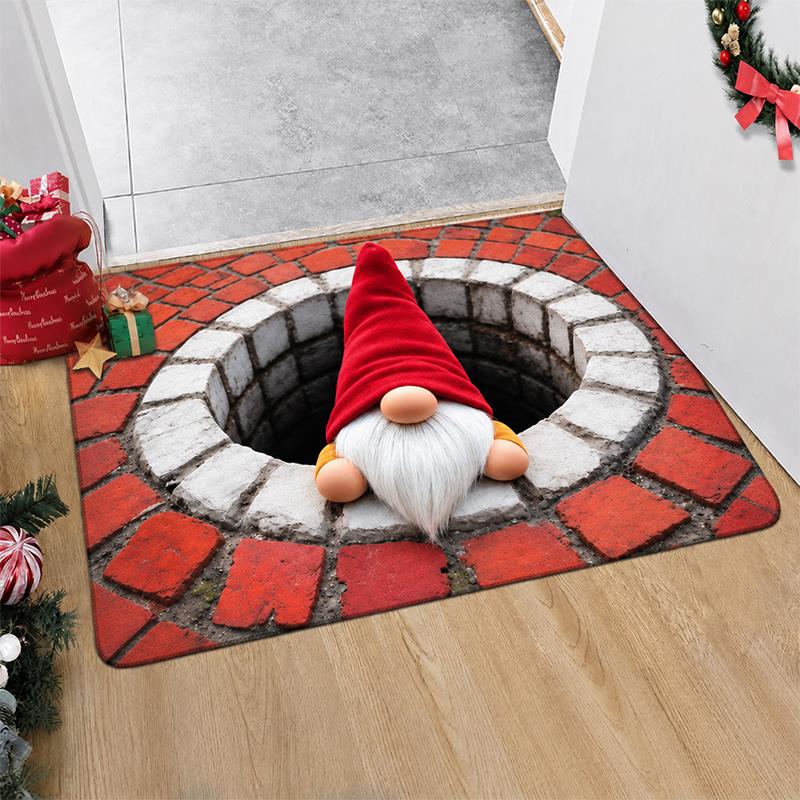 Christmas 2D Flat Printed Floor Mat Cute Red Hat Goblins Pattern Indoor Outdoor Mat Brick Pattern Design Carpet Holiday Decor