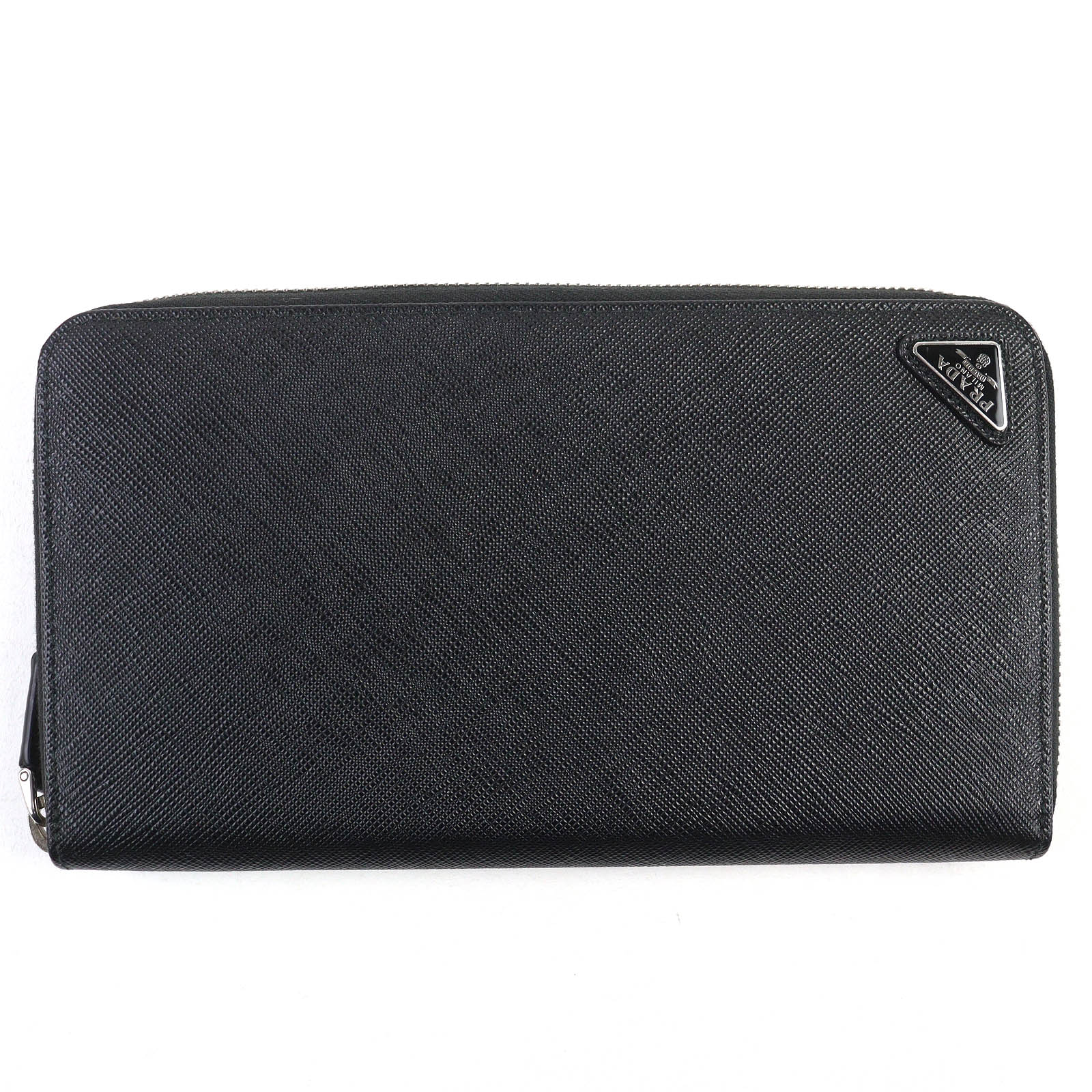

Great PRADA Triangle logo round zip long wallet black Safiano leather 2ML188 Used