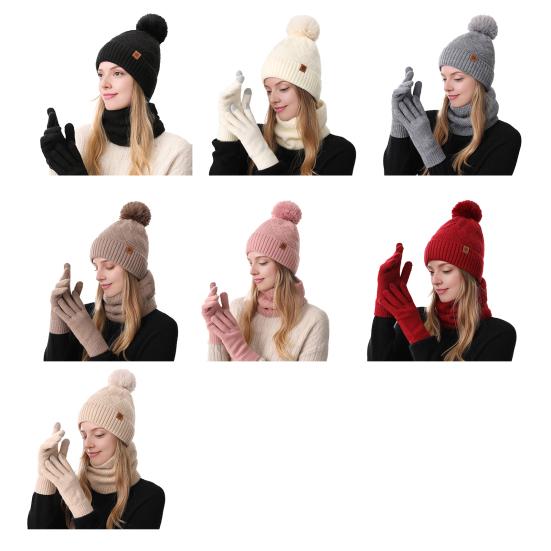 Yousheng 3Pcs/Set Women Hat Scarf Gloves Set Plush Ball Hat Cold Protection Double-Layer Scarf Touchscreen Gloves Set Ski Cycling Gear
