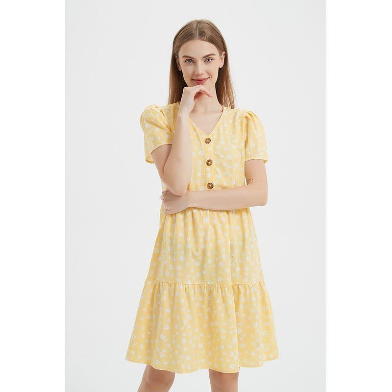 

Age-Reducing Woven Print Short Sleeve Dress Cool Linen Lemon yellow flower 40