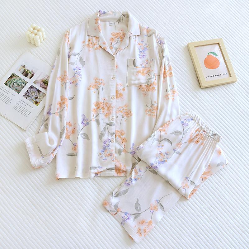 Fashion Flower Silky Pajamas Sets Women Summer Sleepwear LAong-sleeve High Quality Pyjamas