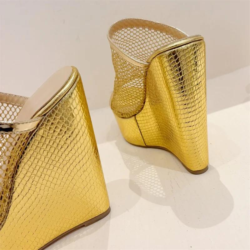 Street Style Gold Silver Fashion Open Toe Platform Wedges Women Slippers Design Mesh Fabric Banquet High Heels Shoes