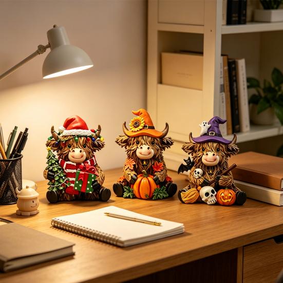 Small Decorative Figurines 3Pcs Highland Cow Figurine, Resin Yak Statues for Thanksgiving Christmas, Healing Gifts Friends Farmhouse Tabletop
