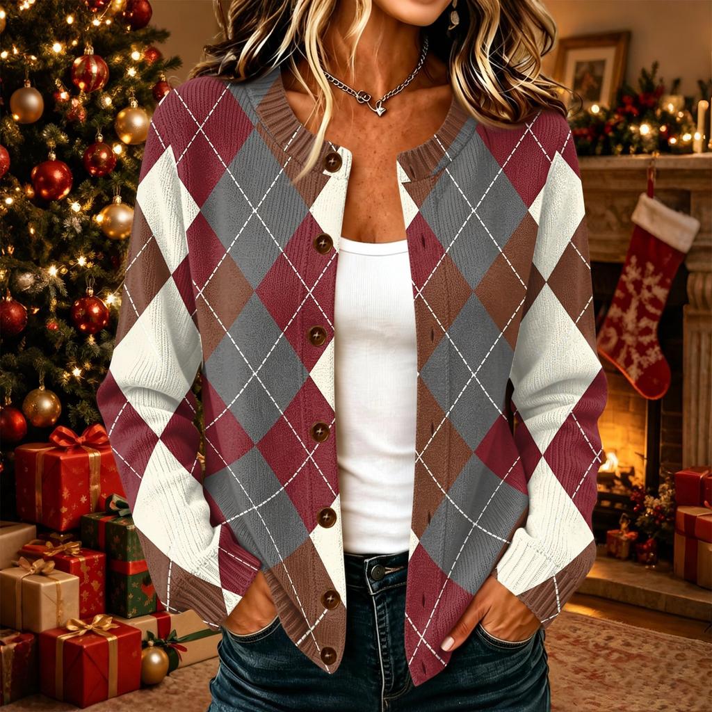 Women's Casual Plaid Print Long Sleeve Button Front Knit Cardigan Sweater for Fall and Winter