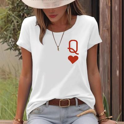 Tricou casual cu litere în formă de inimăTop de vară cu gât rotund și mânecă scurtă