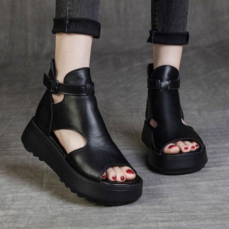 

Весенне-летние туфли-ботильоны с открытым носком, на толстой подошве, на танкетке, с задней молнией, водонепроницаемые, столик, дышащие 35 чёрный