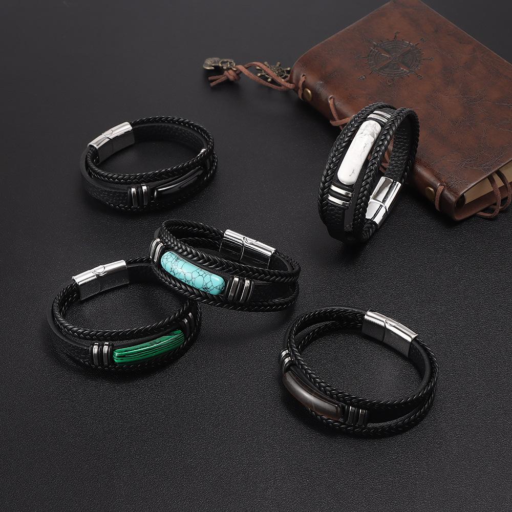 Tiger Eye Stone Multilayer Braided Leather Rope Men's Bracelet Bangles Stainless Steel Jewelry Accessory