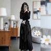 Women's Elegant Black Long-Sleeved Dress - Waist-Cinched, Long Skirt for Spring, Autumn, Winter Fashion