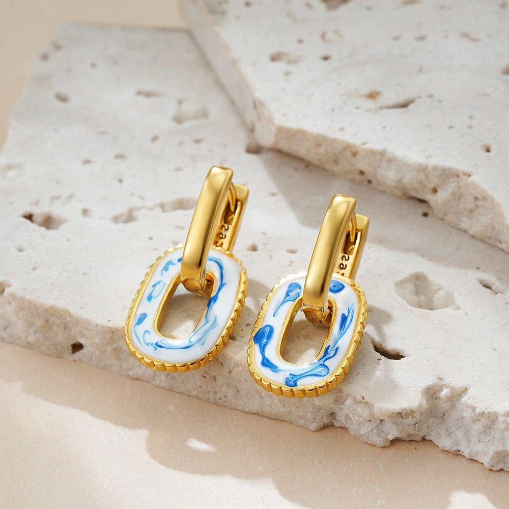 Zinc Zinc Alloy Ceramic Ear Buckle New Chinese Style Hoop Earrings Blue and White Porcelain Earrings  Women