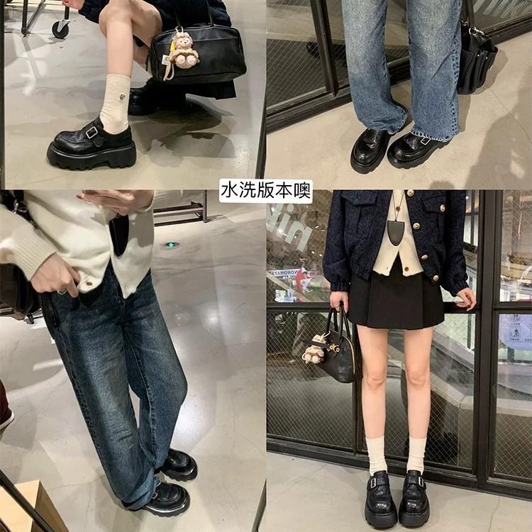 Retro leather washed shrinkage round head thick sole thick heel belt buckle loafers women's autumn and winter small leather shoes single shoes