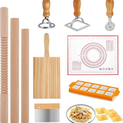 Pastamaskin Set 10 Delar, Träverktyg för Pastatillverkning med Kavel & Bräda, Raviolistämpel och Ravioliklumpform Kit för Italiensk Pasta, Ravioli